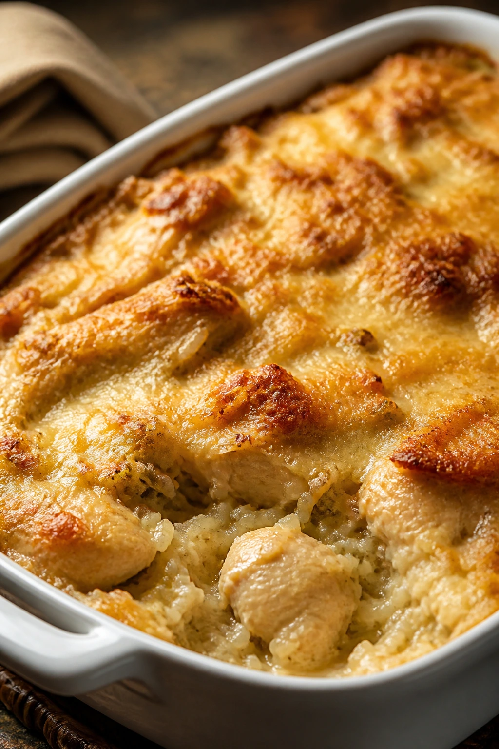 Bubbling chicken and rice casserole in a baking dish