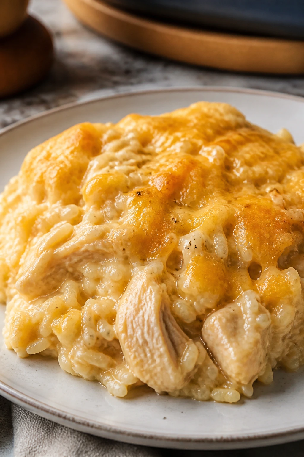 Creamy chicken and rice casserole served on a plate with melted cheddar