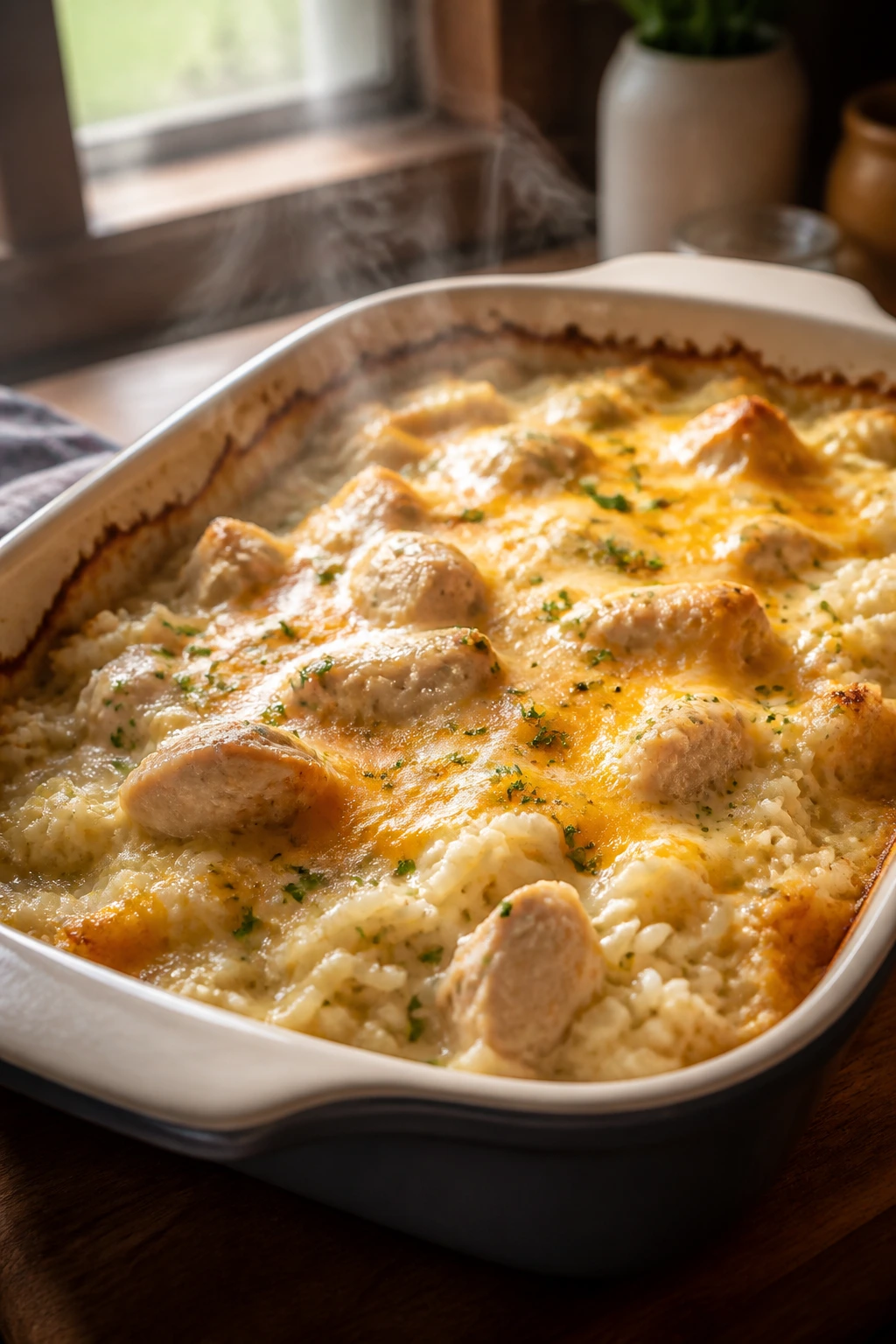 Close-up of creamy chicken and rice casserole in a baking dish with steam