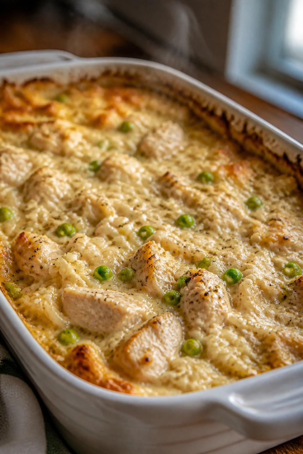 Close-up of creamy chicken and rice casserole bubbling in a baking dish on a warm kitchen counter