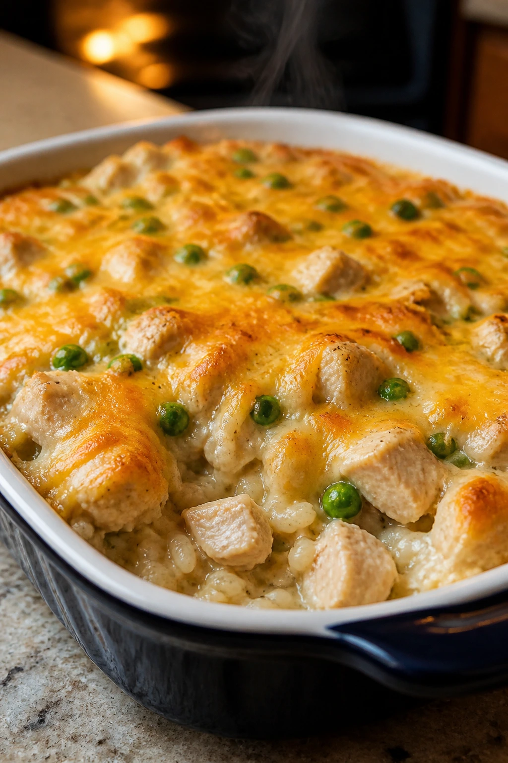 Close-up of creamy Chicken and Rice Casserole in a ceramic dish