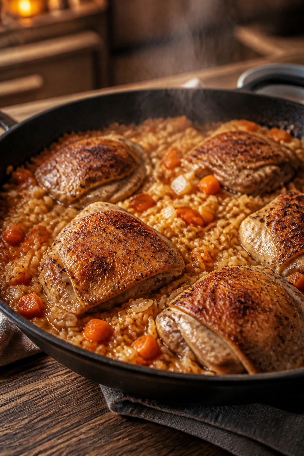Skillet with chicken and rice in a cozy kitchen