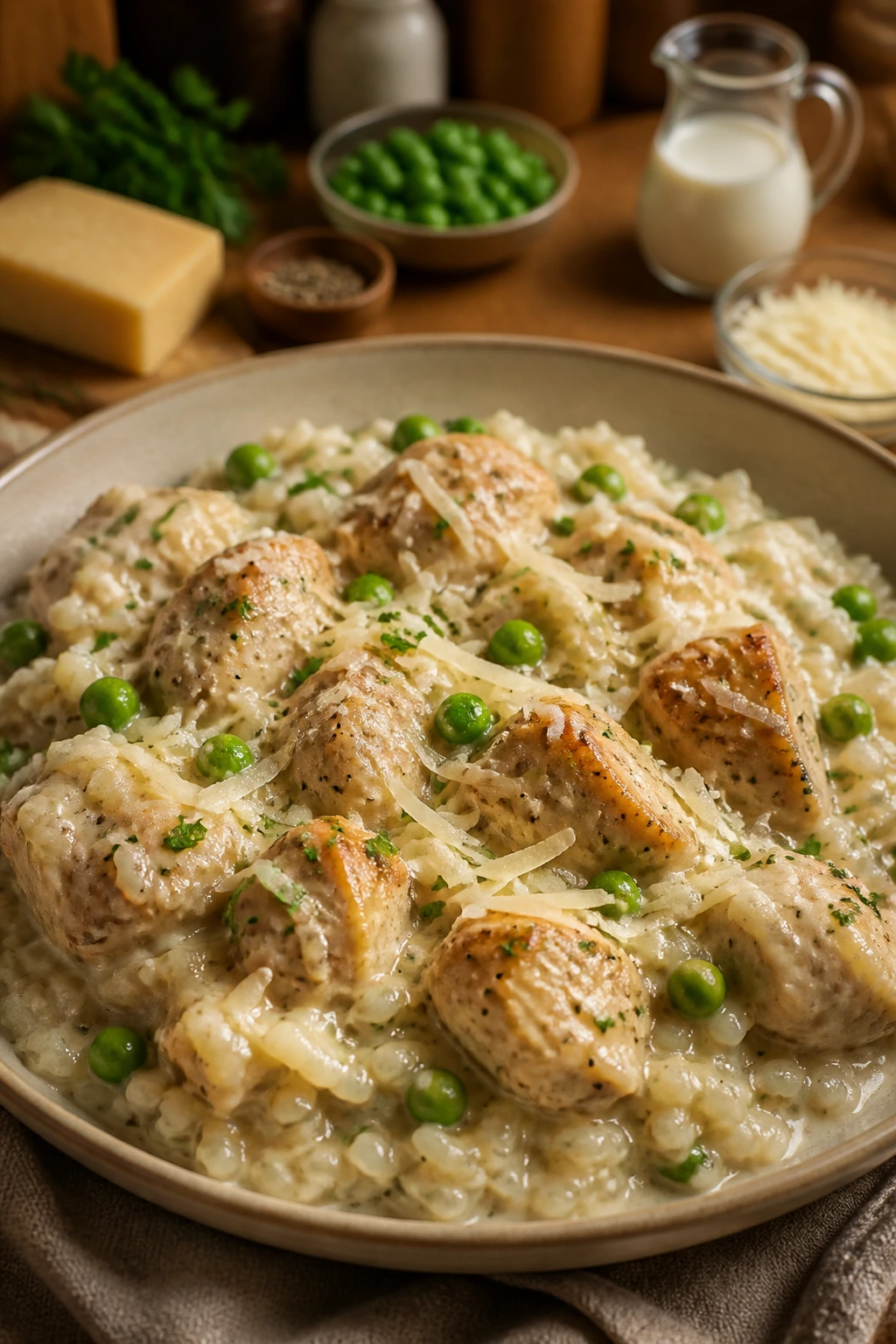 Creamy chicken and rice with visible peas parmesan and parsley