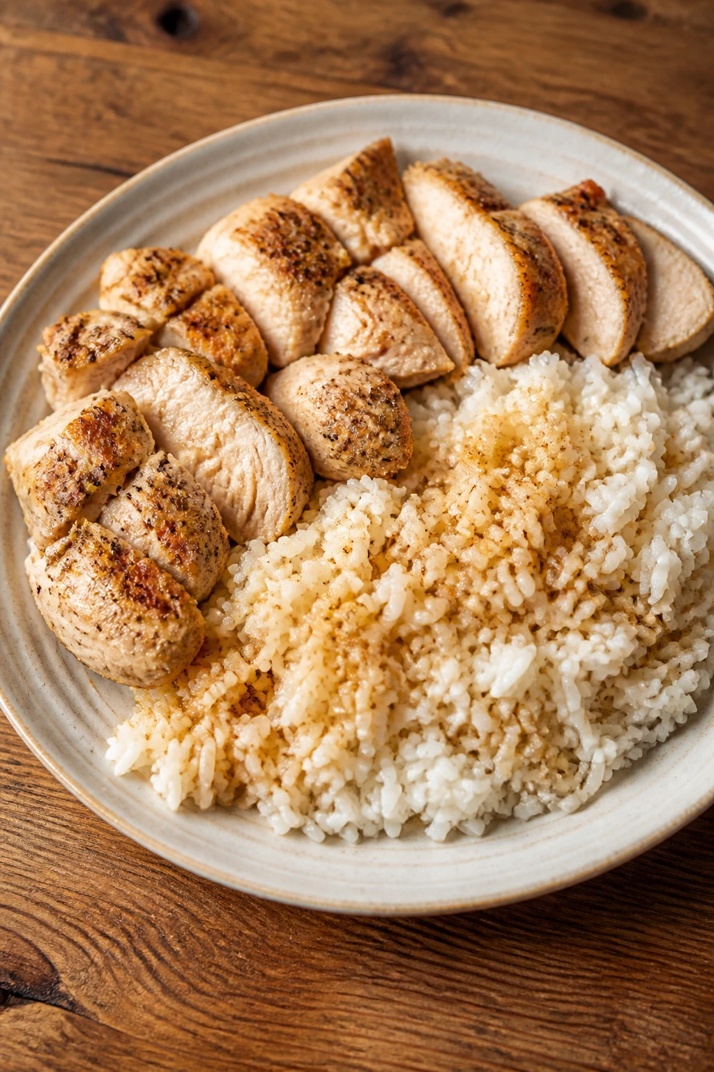 Close-up plate of chicken and rice fully filling the frame on a dining table