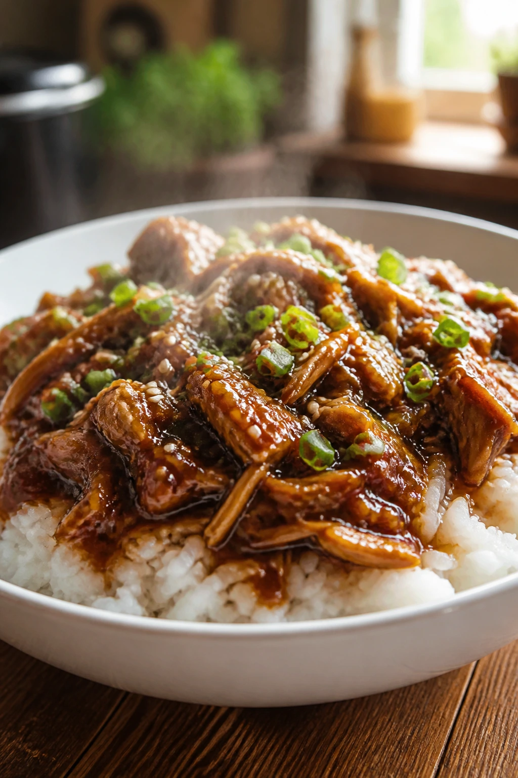 Close-up of glossy chicken and sauce over jasmine rice in a shallow bowl with sesame and green onions