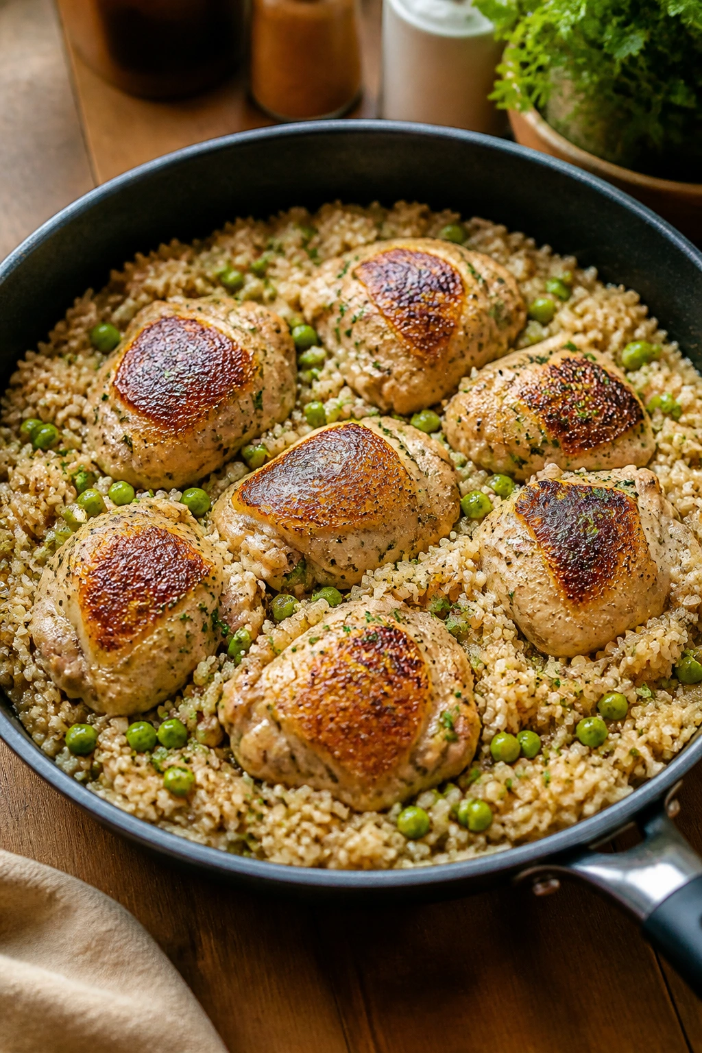 Skillet chicken and rice with vegetables in a pan