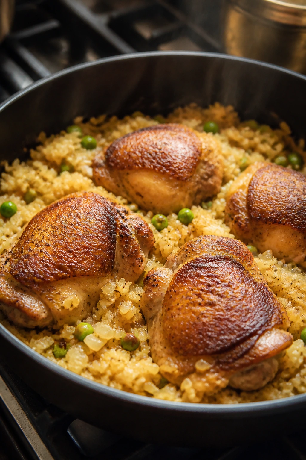 Skillet chicken and rice in a single pan on a stove
