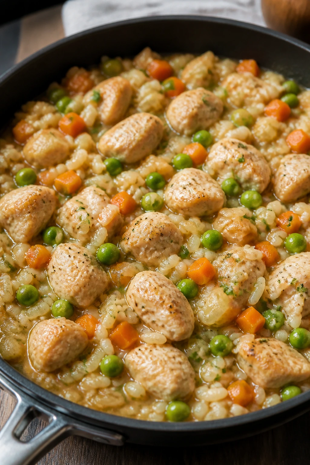 Close-up of chicken and veggie rice skillet in a cozy kitchen