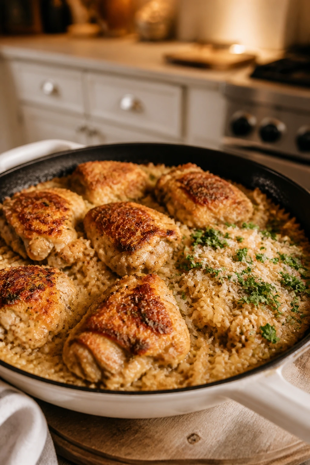 Close-up of chicken and rice skillet with parsley garnish in a warm kitchen
