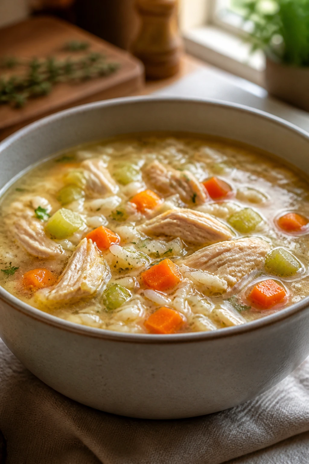 Deep bowl of chicken and rice soup with vegetables on a warm kitchen counter