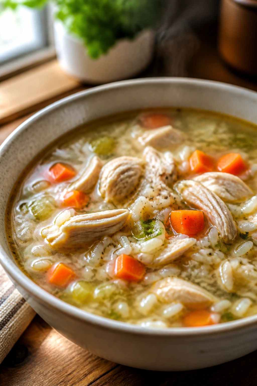 Close-up of a steaming bowl of Classic Chicken and Rice Soup with chicken and vegetables