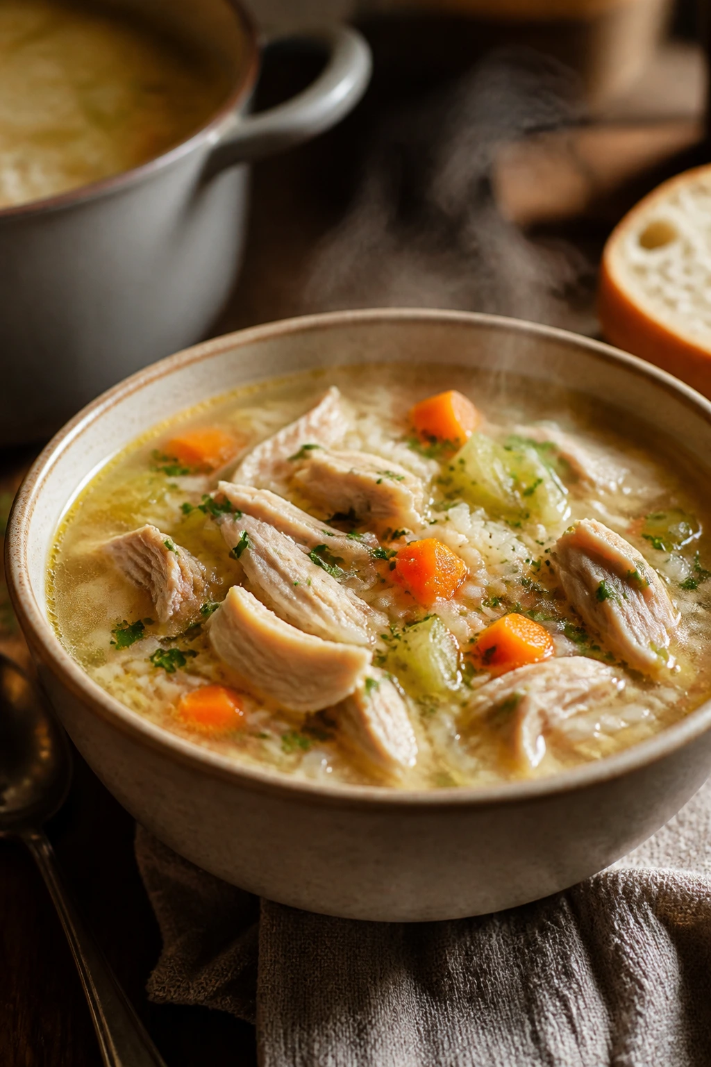 Steaming chicken and rice soup in a rustic bowl