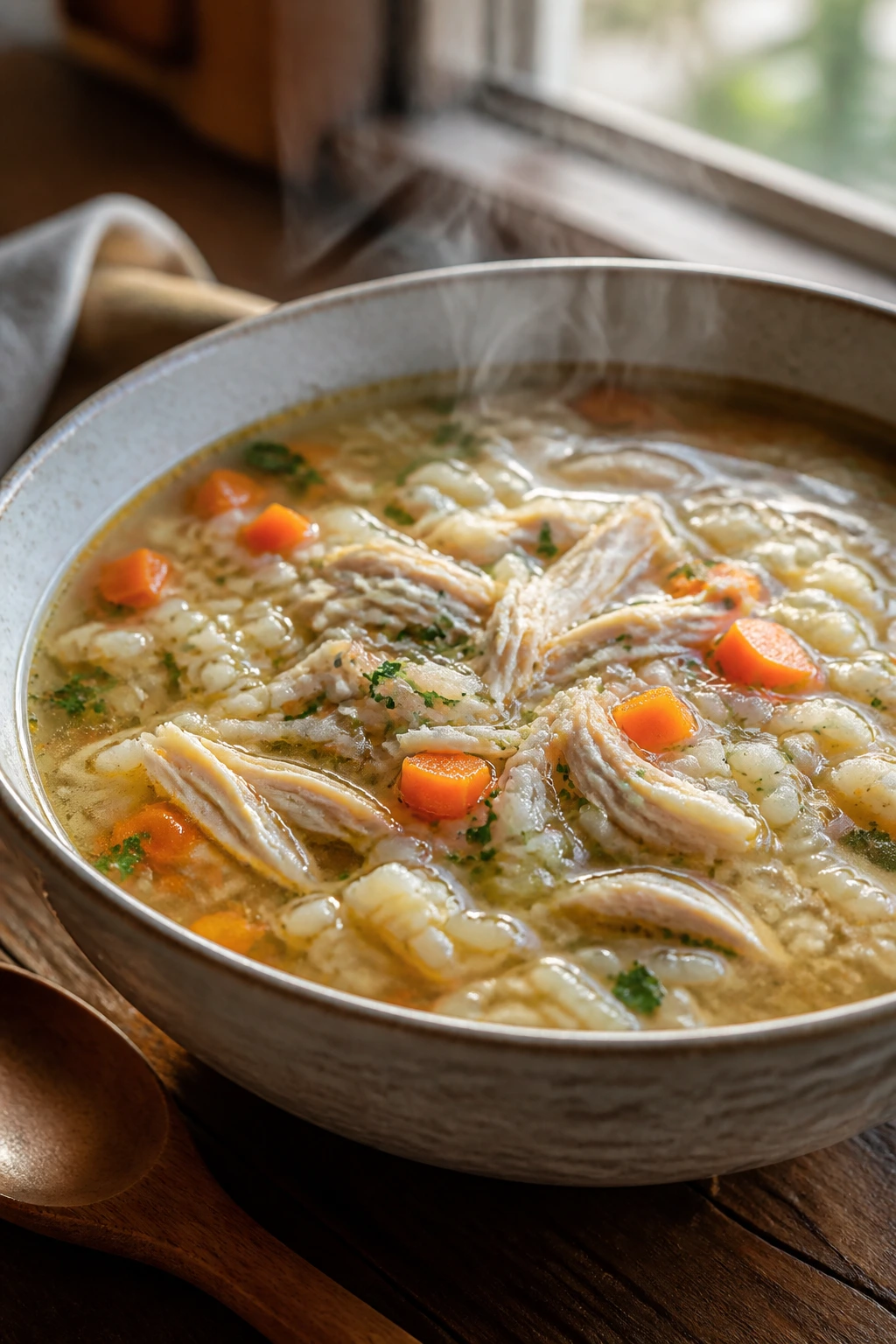 Close-up of chicken and rice soup with tender chicken and rice in broth
