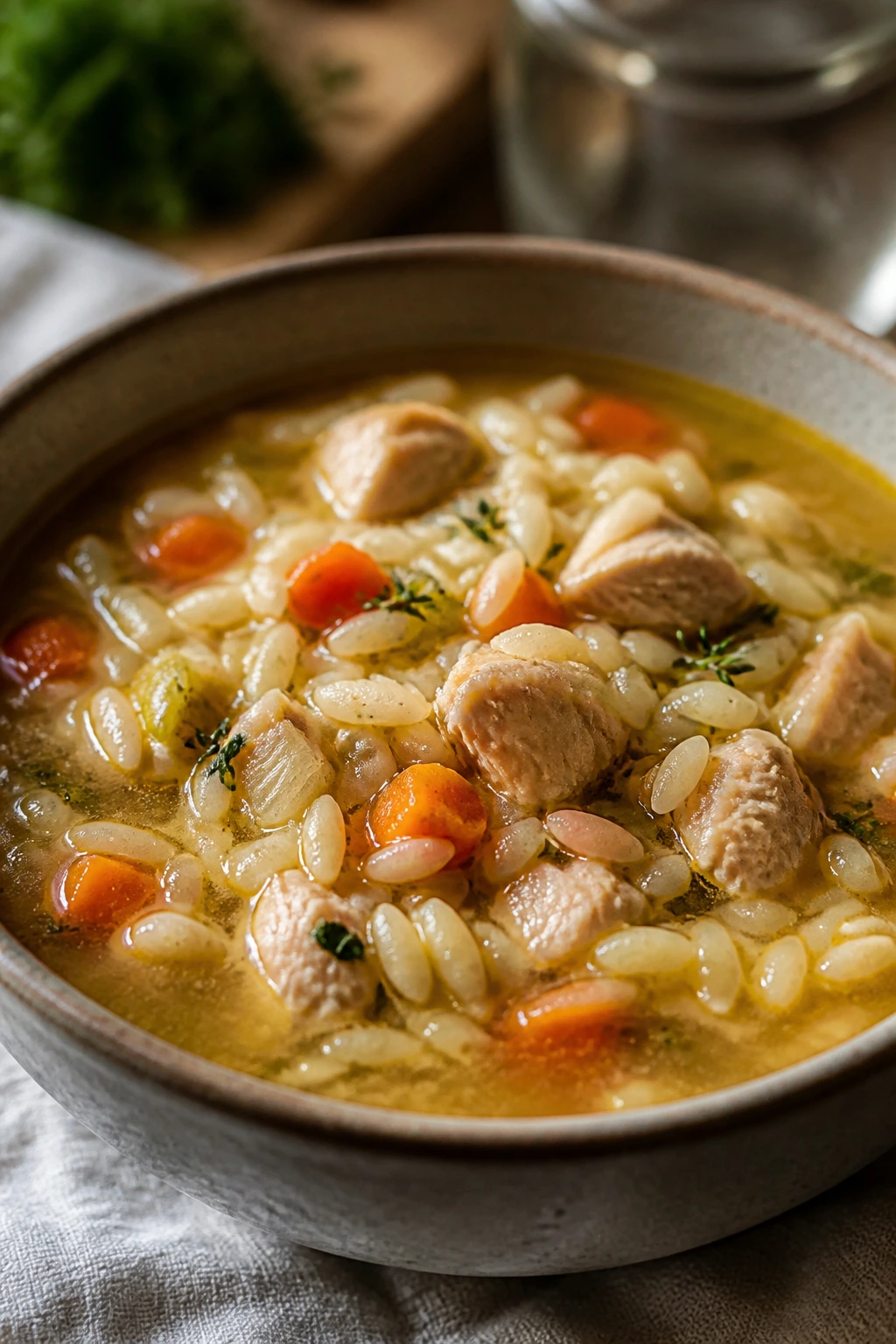 Close-up of chicken and rice soup in a bowl