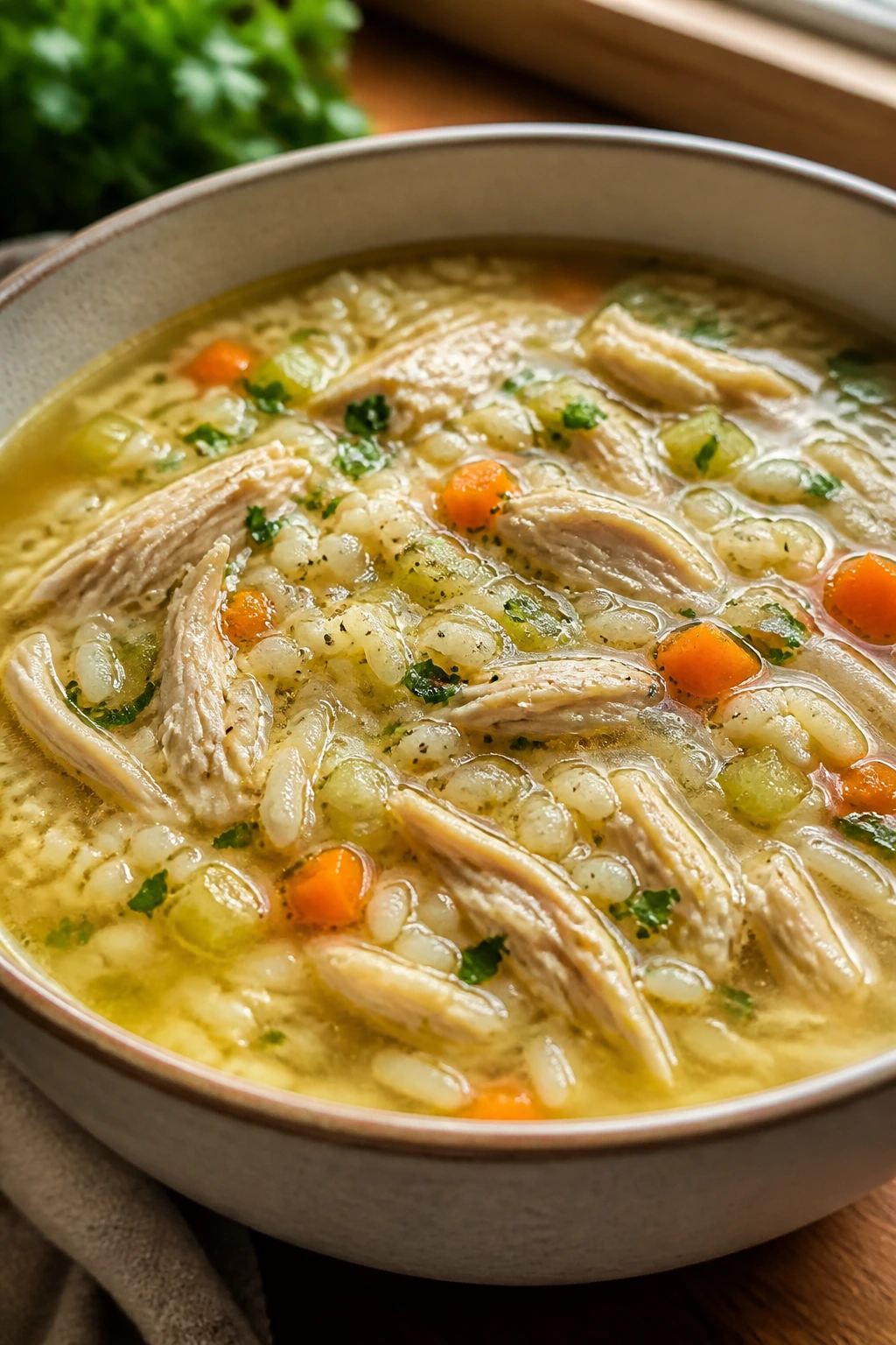 Close-up Chicken and Rice Soup in a warm kitchen bowl