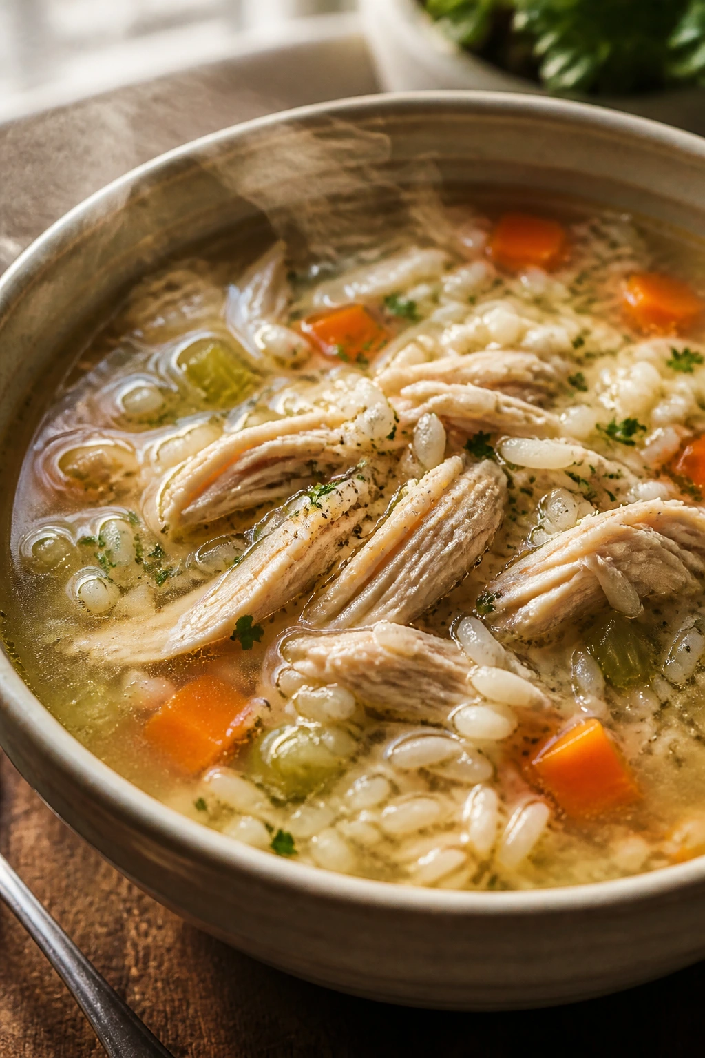 Close-up of chicken and rice soup in a deep bowl