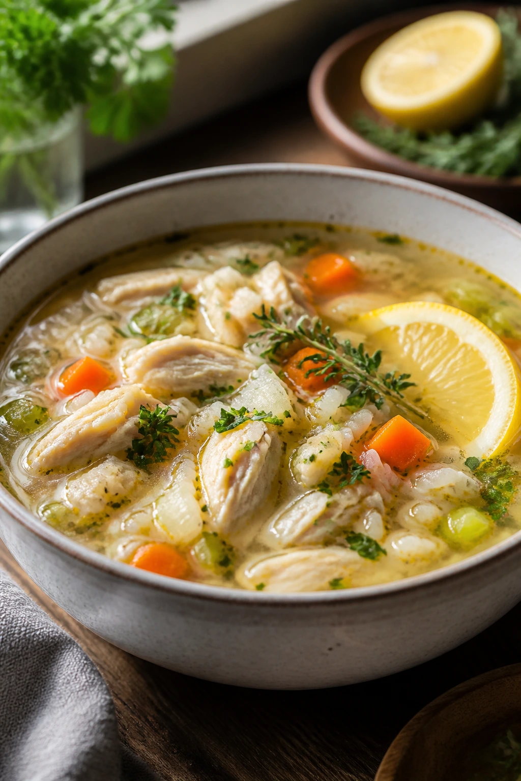 Close-up of a steaming bowl of chicken and rice soup with herbs and a lemon wedge in a cozy kitchen