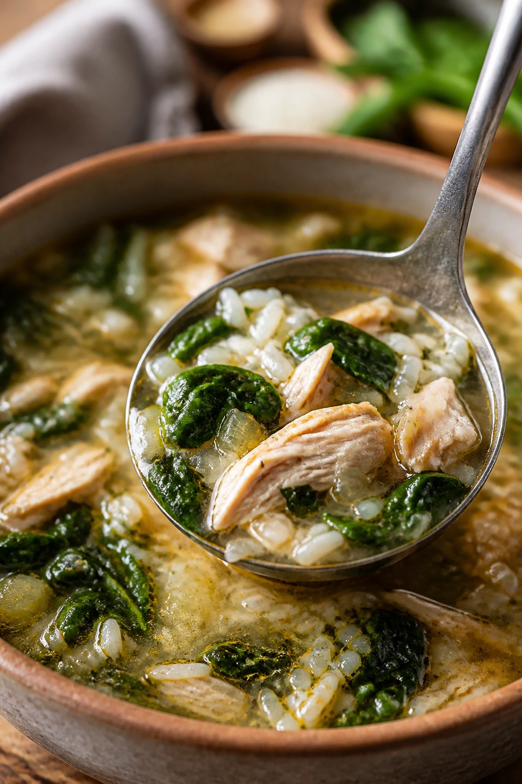 Close-up of Chicken Spinach Rice Soup in a rustic bowl