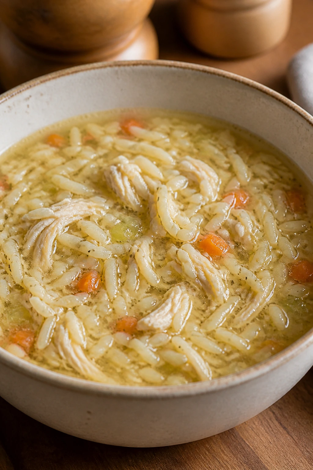 Close-up of steaming chicken and rice soup with tiny noodles in a cozy kitchen