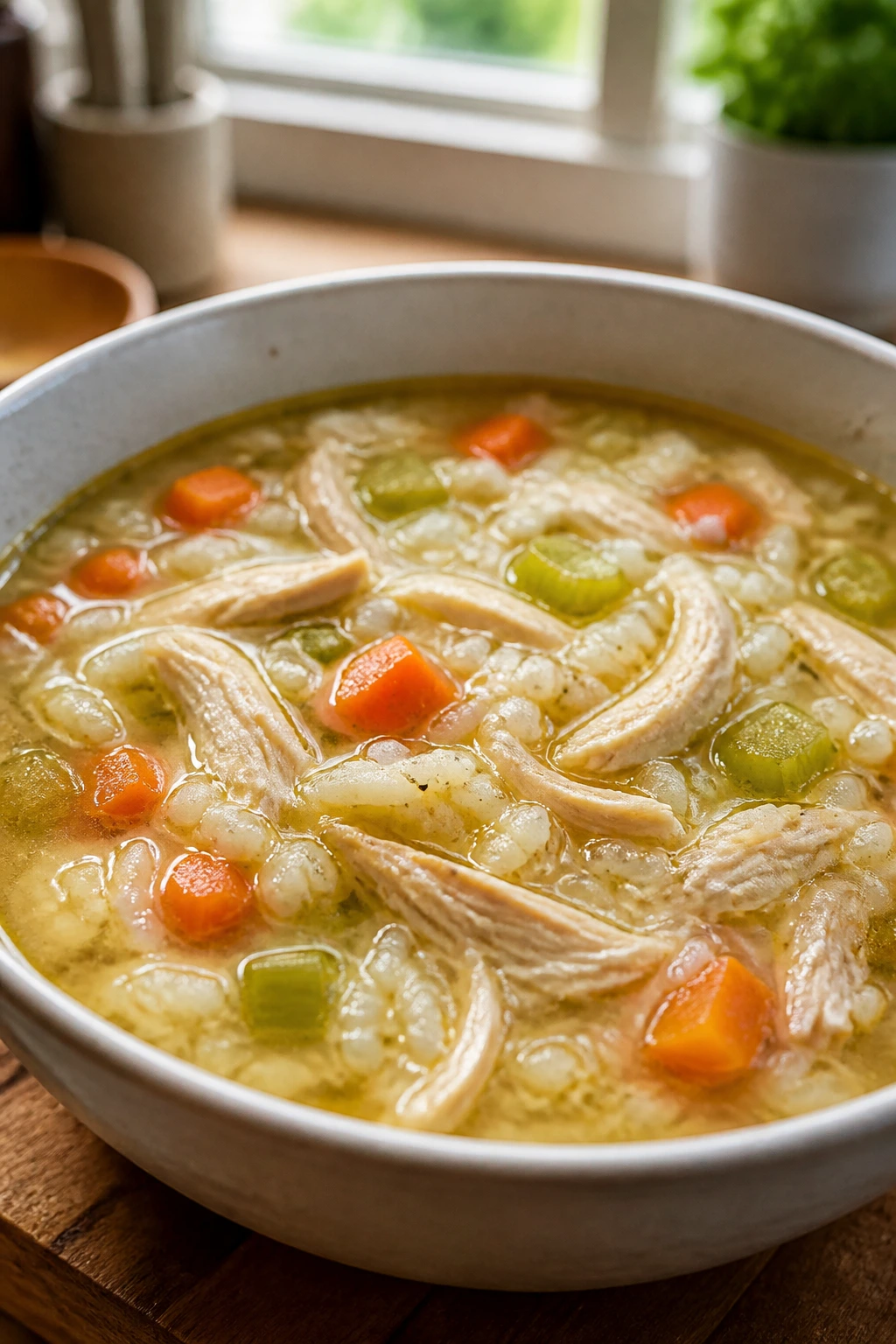 Steaming bowl of chicken and rice soup with shredded chicken and vegetables