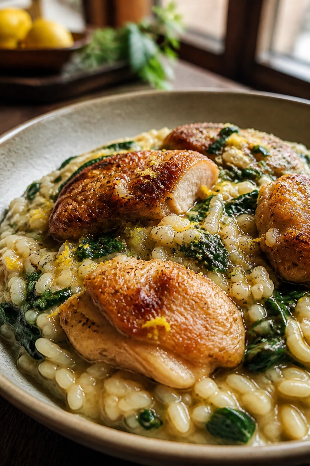 Close-up of creamy chicken spinach lemon risotto in a bowl