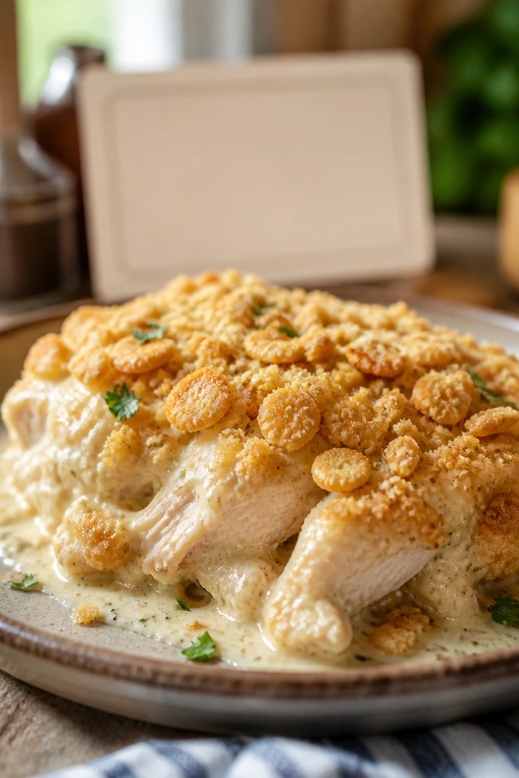 Plated Creamy Chicken Ritz with buttery Ritz crust in a cozy kitchen