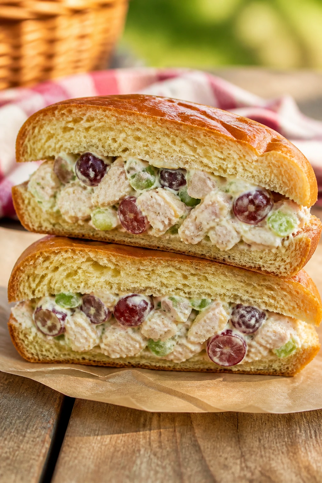 Chicken salad with grapes and celery on brioche, cross-section