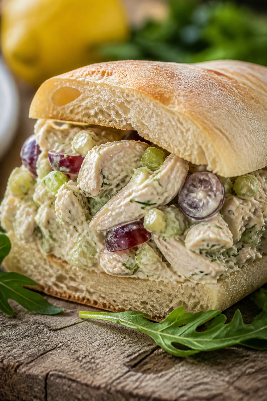 Close-up of lemon-herb chicken salad on ciabatta in a picnic setting