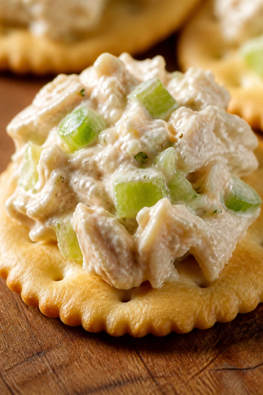 Cracker topped with creamy chicken salad