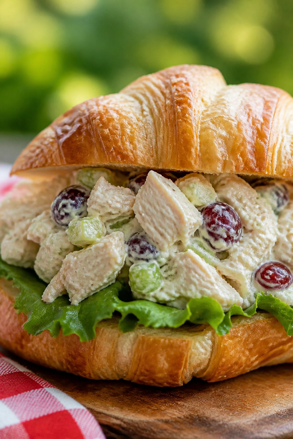 Close-up Chicken Salad Sandwich on croissant with celery and grapes