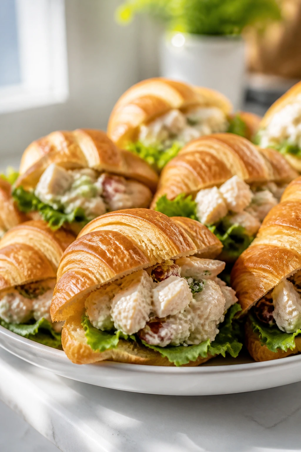Mini croissant bites filled with chicken salad on a plate