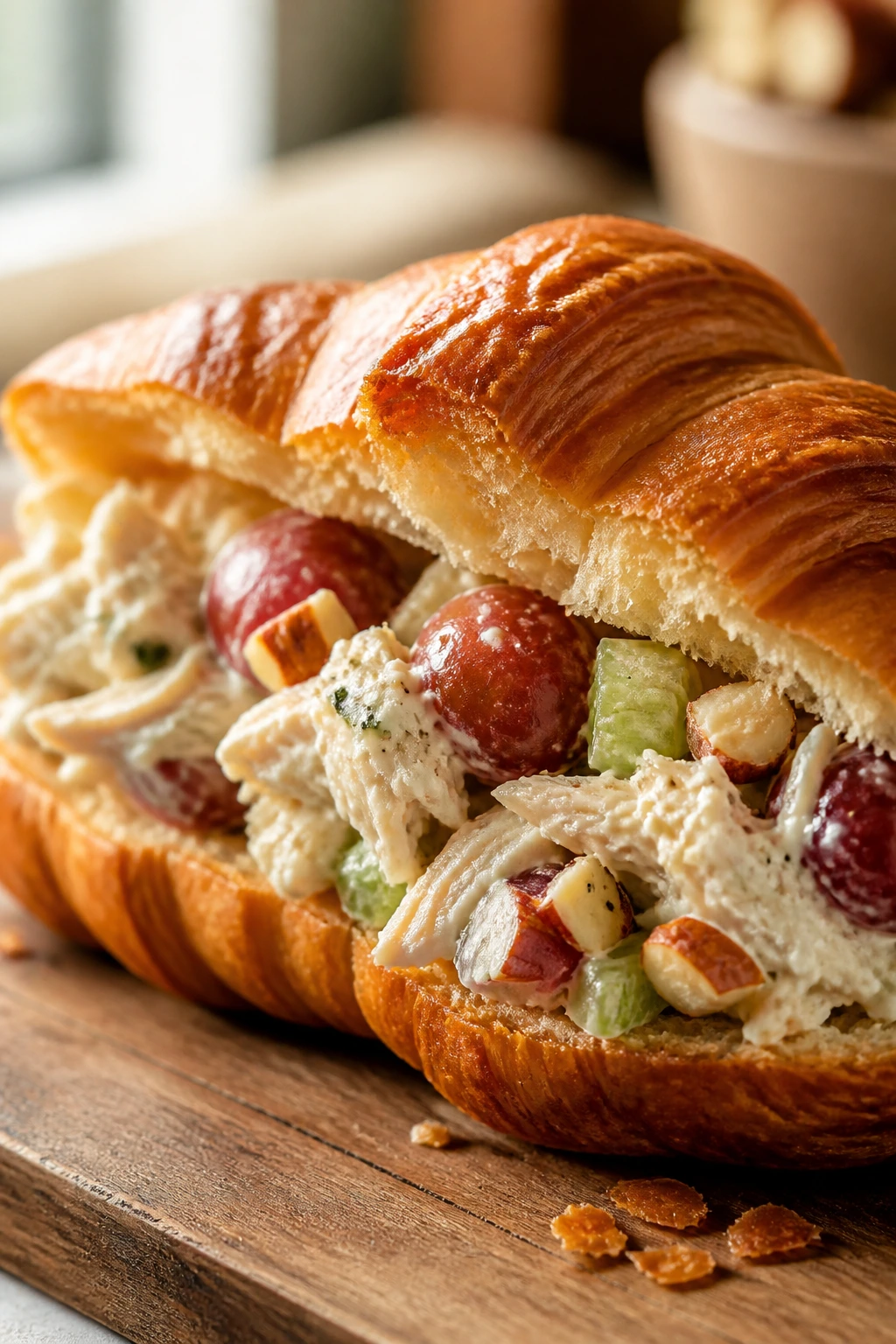 Close-up of a croissant sandwich filled with zesty chicken salad on a rustic wooden board