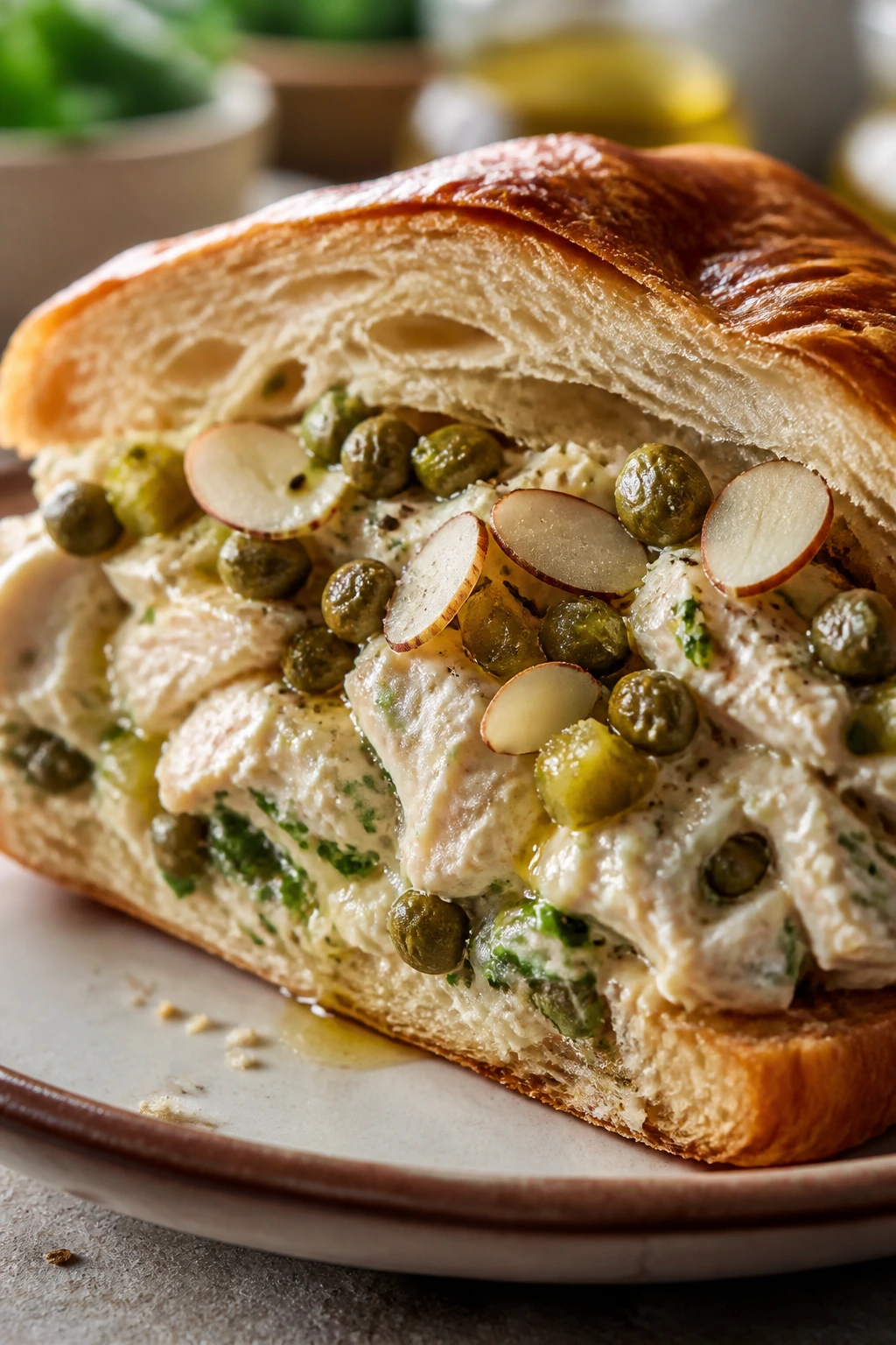 Close-up of chicken salad croissant with capers cornichons and almonds