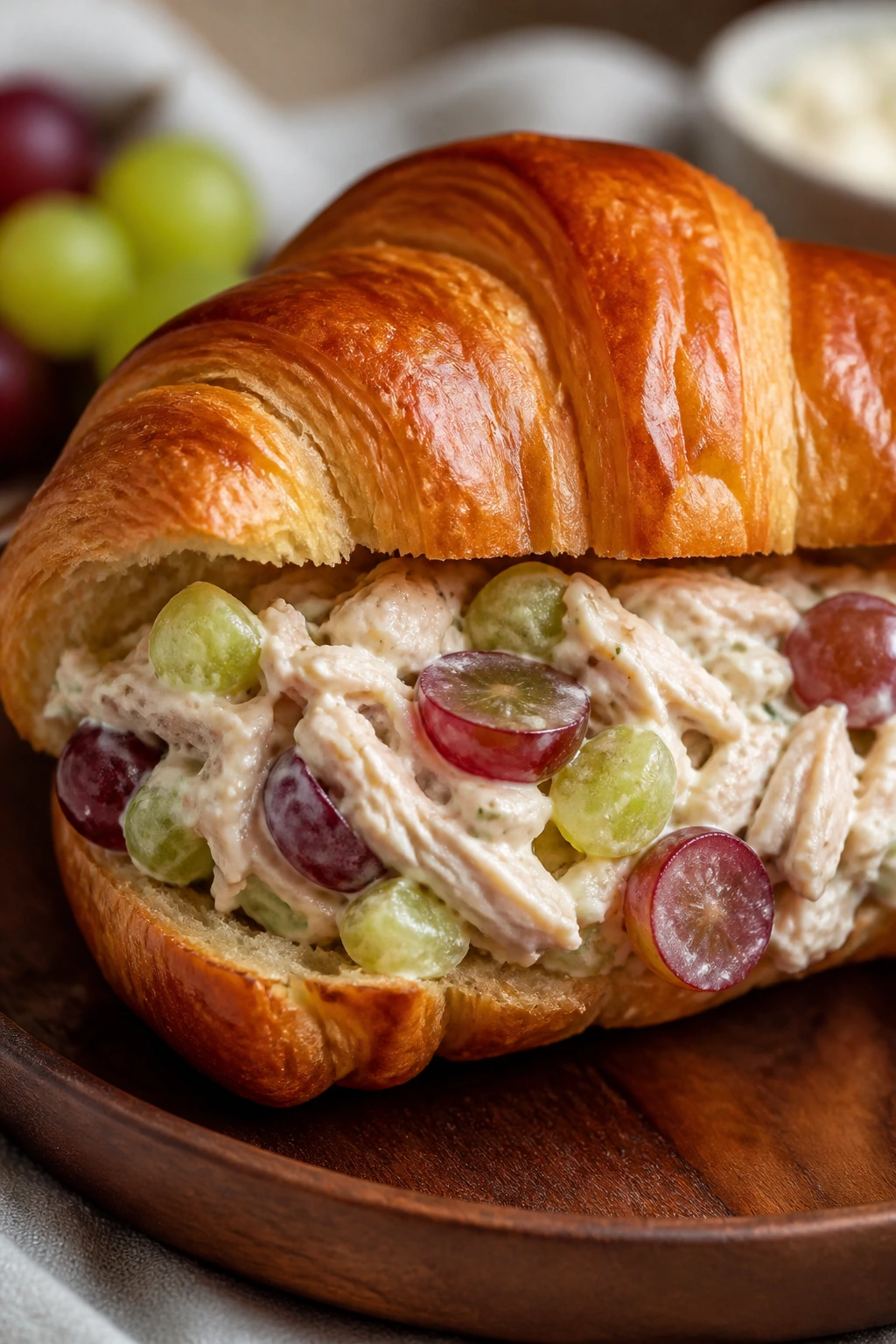 Croissant sandwich filled with chicken salad and grapes