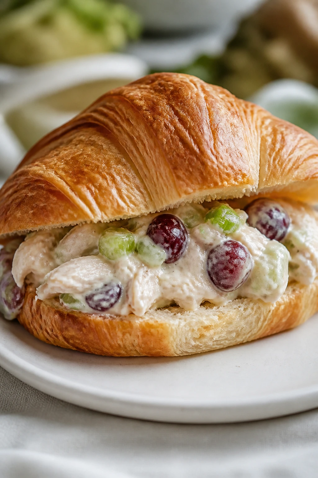 Croissant sandwich with chicken salad, grapes, and celery on a plate outdoors