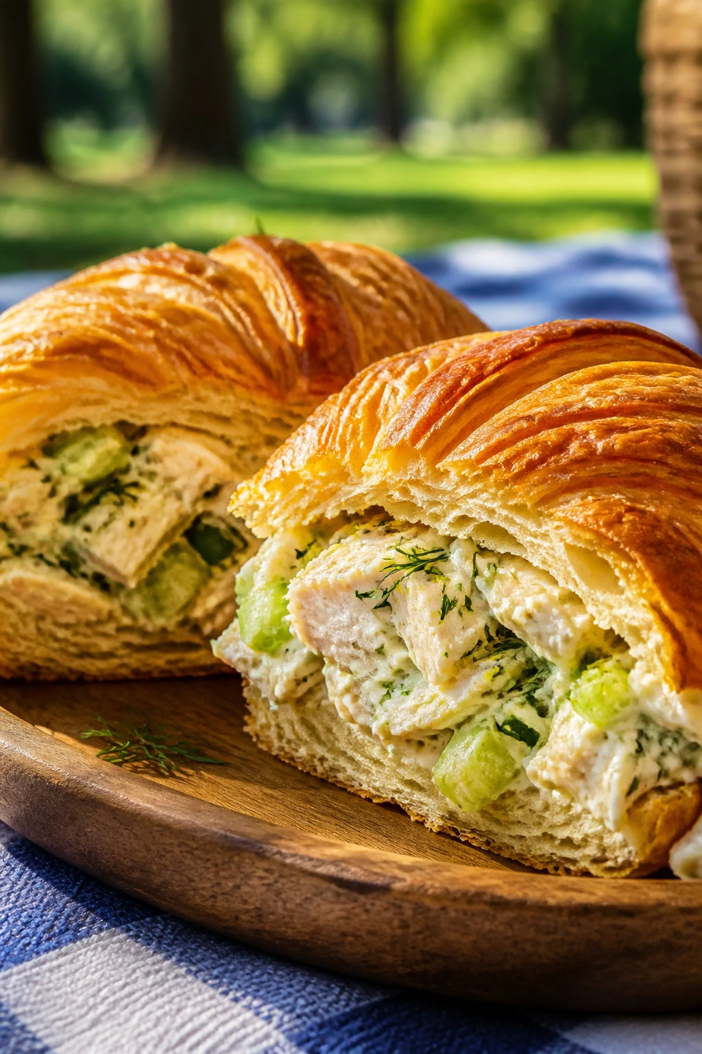 Close-up of lemon-herb chicken salad croissant sandwiches showing vibrant filling