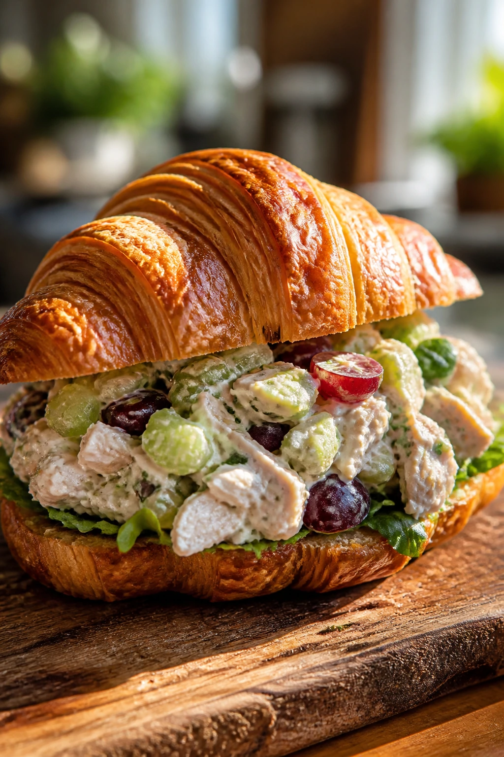 Close-up of a chicken salad croissant sandwich with celery and grapes on a rustic board