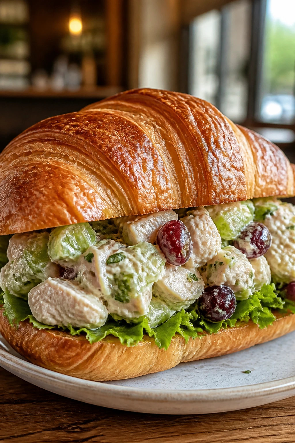 Lovingly prepared chicken salad croissant sandwich in a cozy cafe