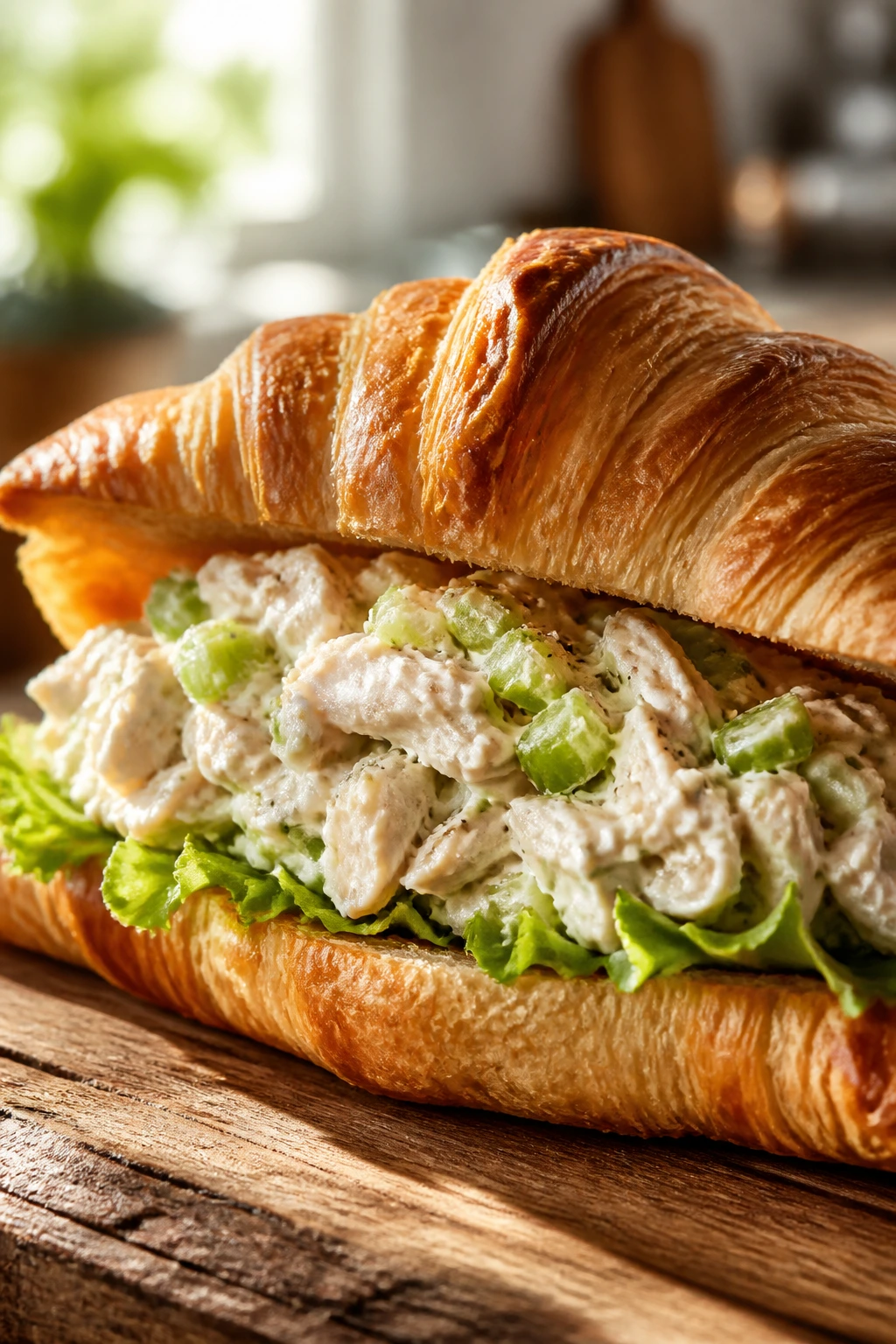 Close-up of a chicken salad croissant sandwich on a wooden board with warm kitchen lighting