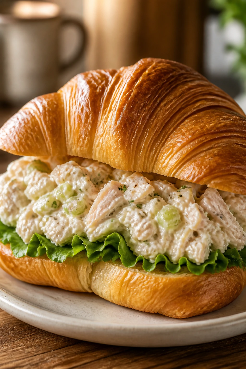 Close-up of a chicken salad croissant sandwich on a plate
