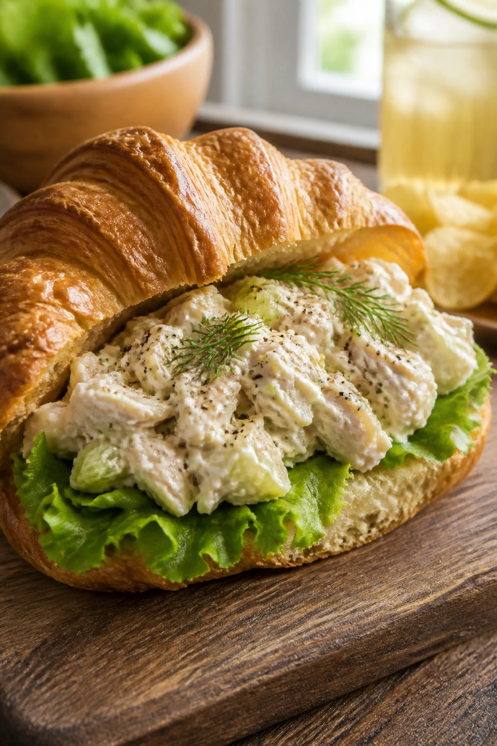 Close-up of a split chicken salad croissant with lettuce and dill on a wooden board