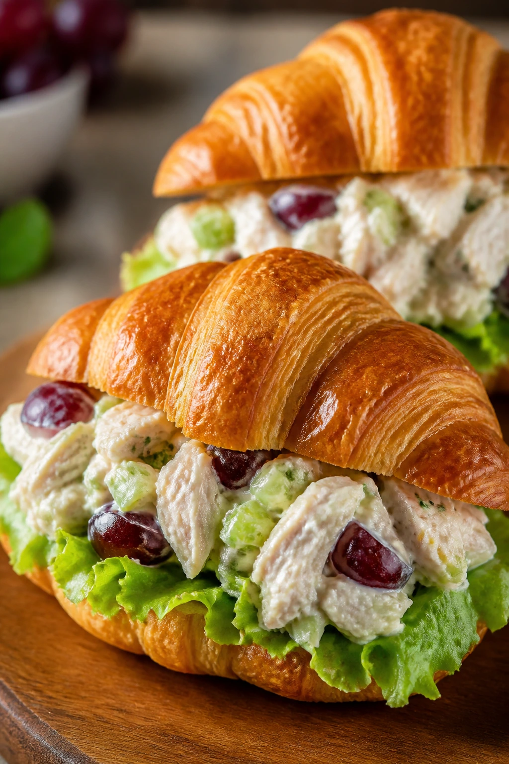 Two chicken salad croissants halves on plate