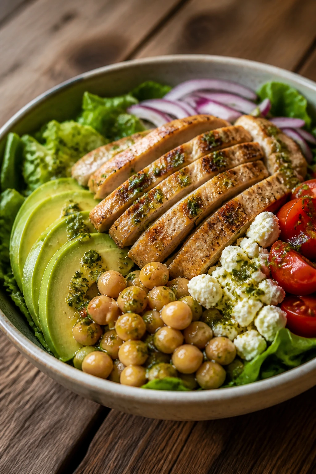 Vibrant plated chicken salad with avocado and feta in a rustic setting
