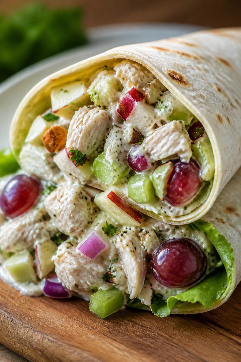 Cross-section of chicken salad wrap with diced celery, apple and grapes