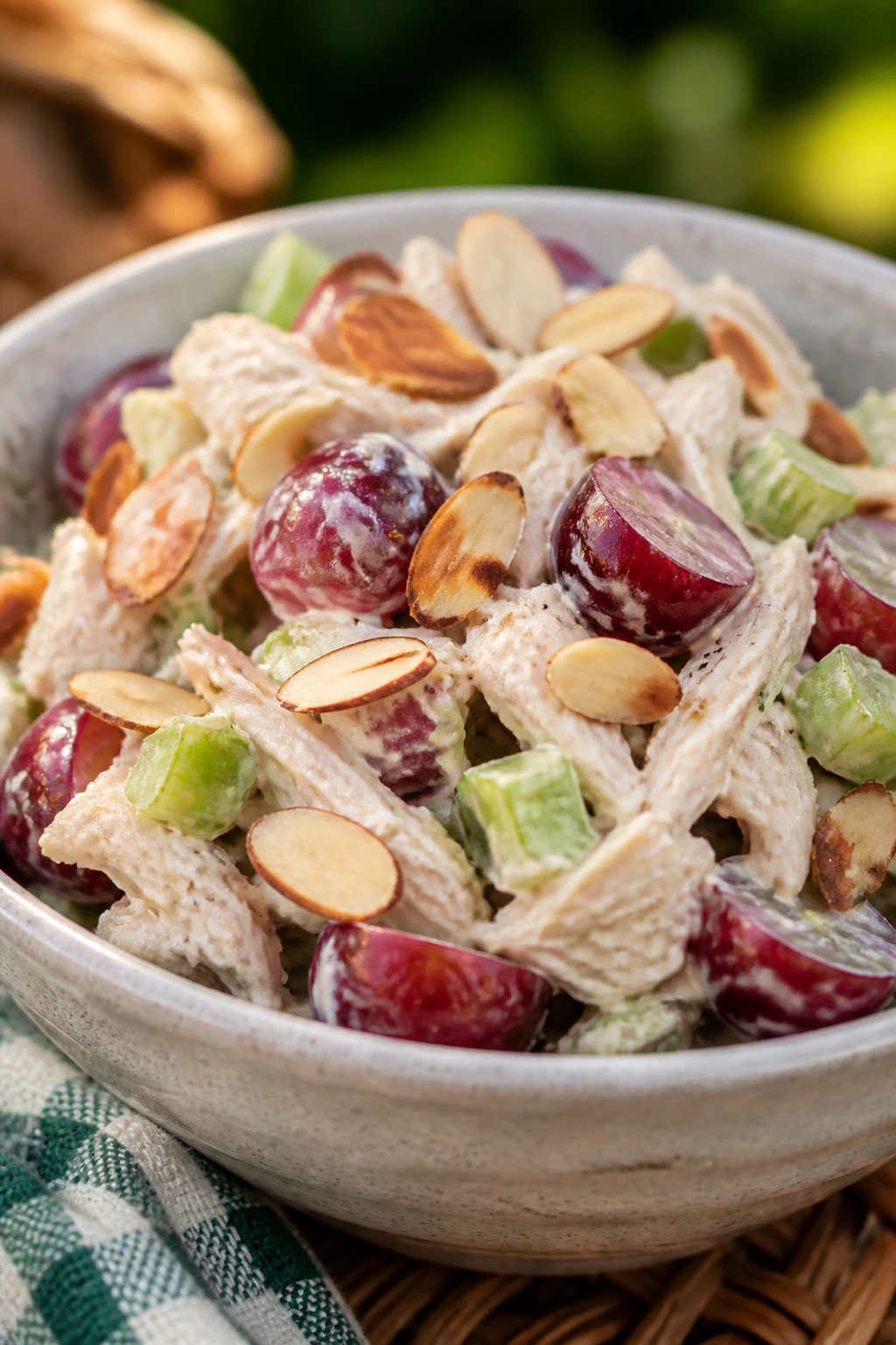 Close-up of chicken salad with grapes and almonds