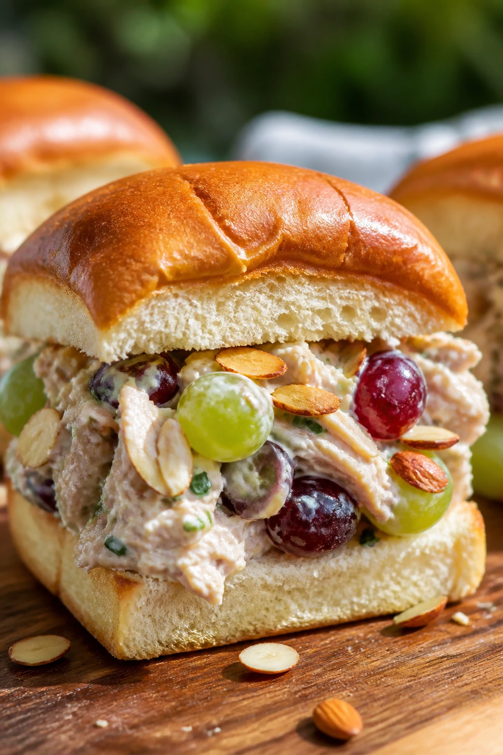 Brioche finger sandwich with chicken salad, grapes, and almonds outdoors