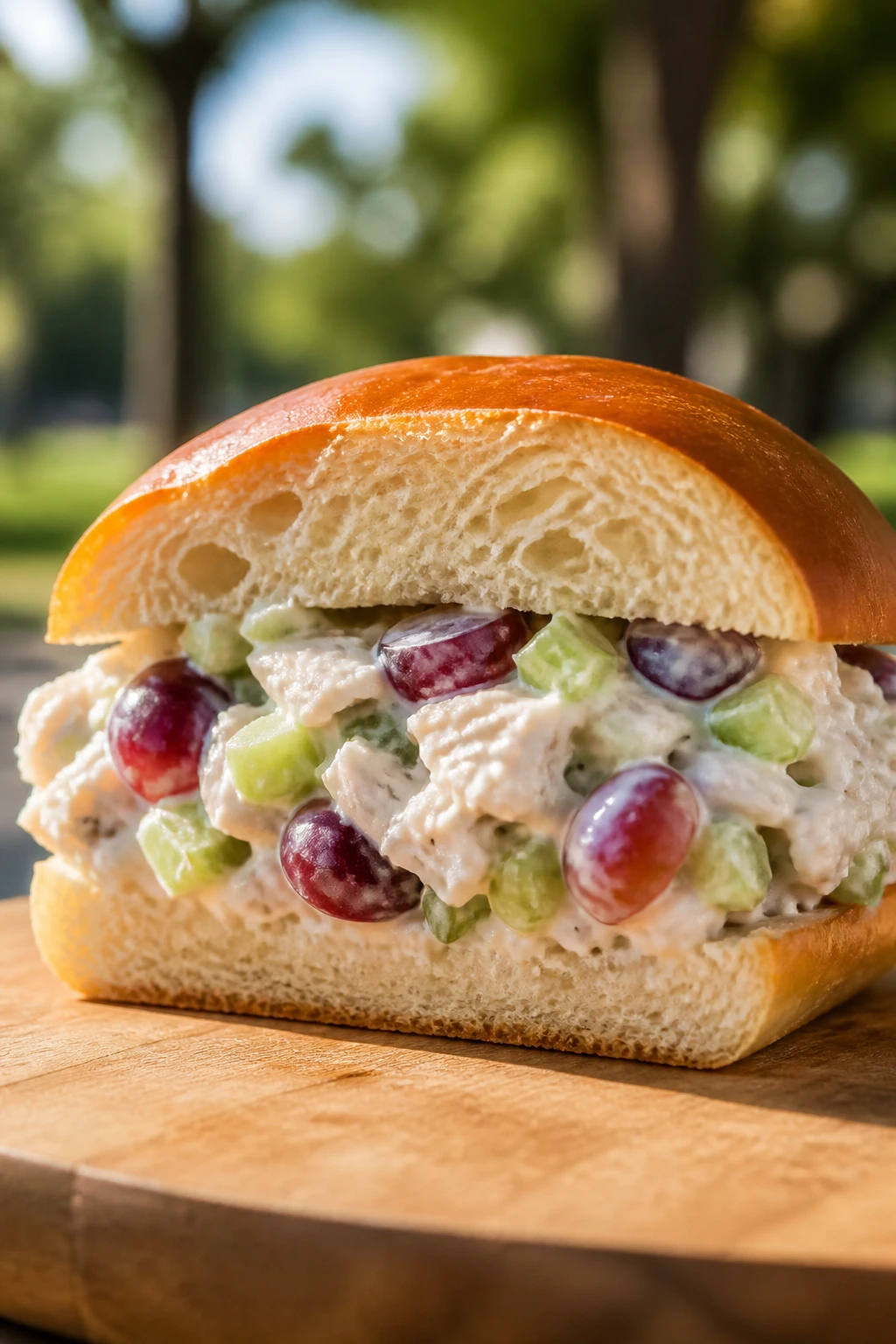 Half chicken salad sandwich on brioche with grapes and celery visible, outdoors