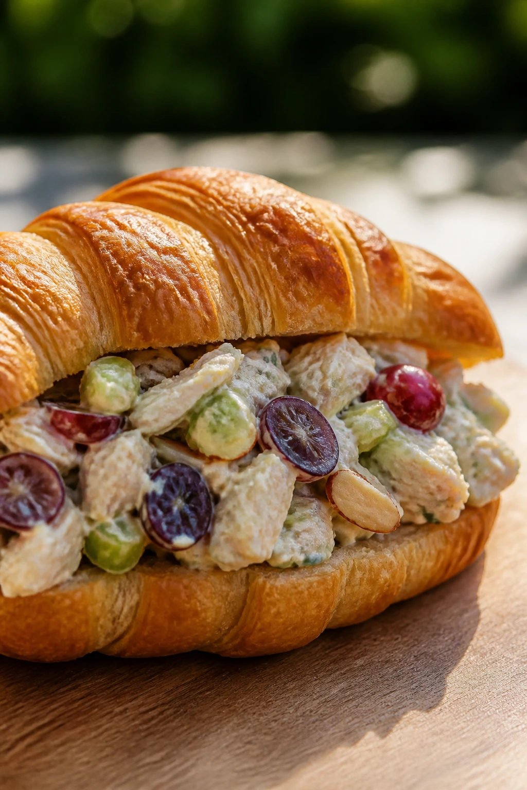 Croissant sandwich filled with chicken salad and grapes