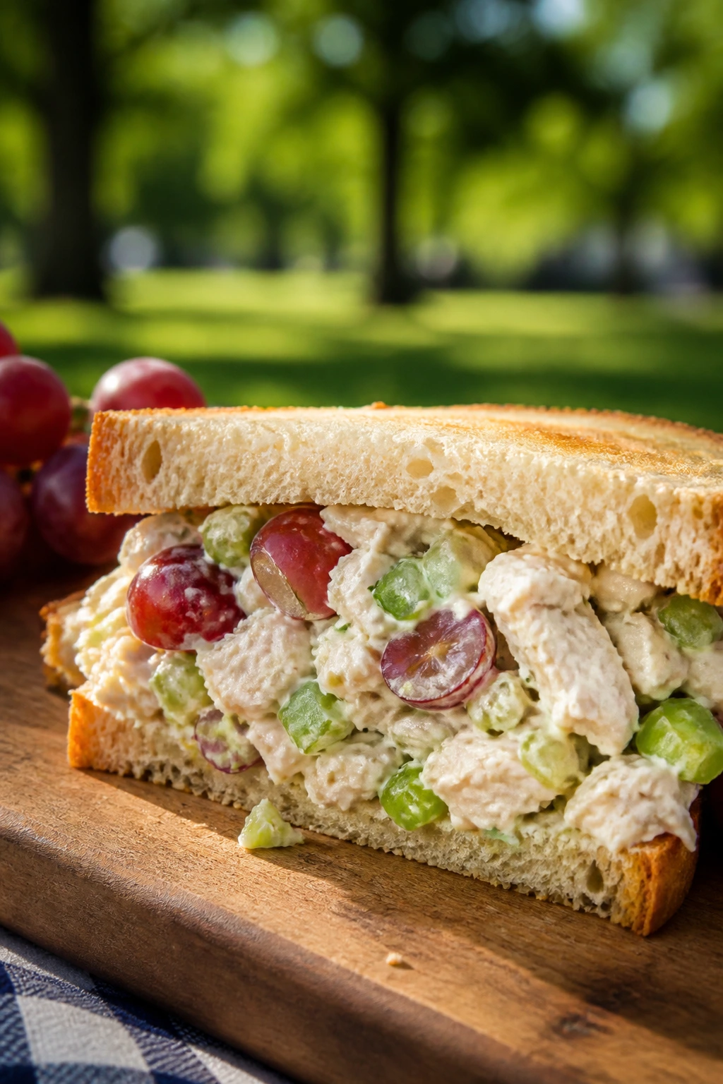 Chicken salad sandwich half showing grapes and celery filling