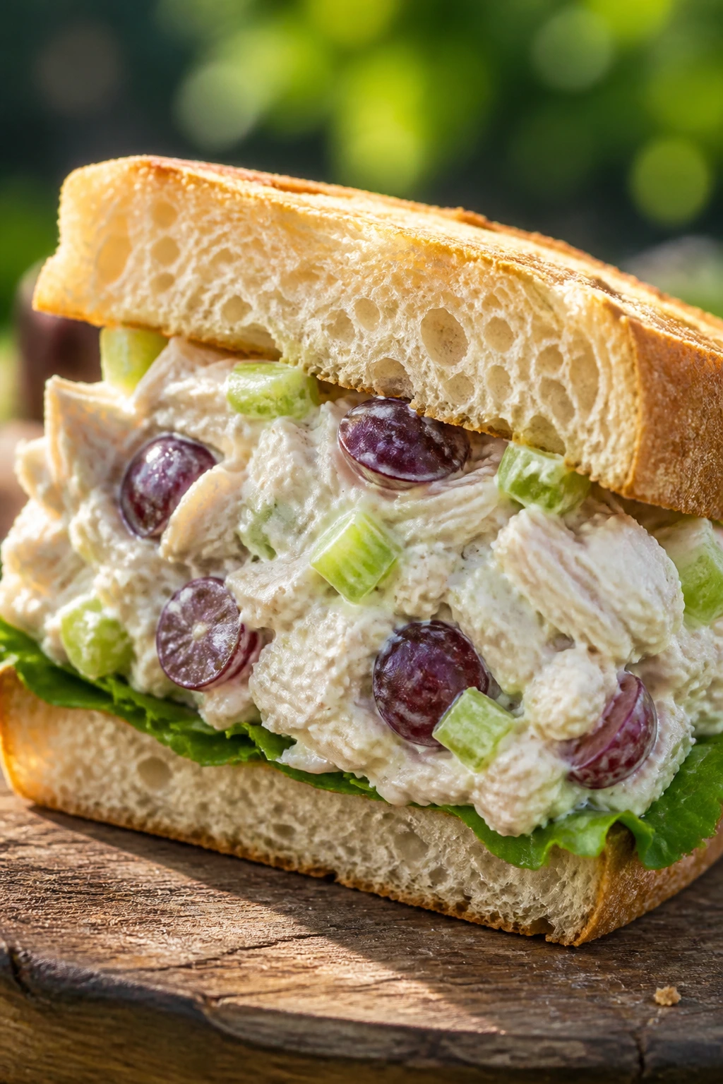 Close-up of chicken salad sandwich with grapes and celery outdoors